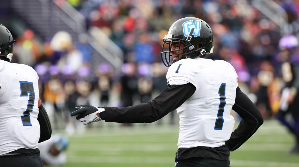 GVL / Kevin Sielaff -  Devin McKissic (1) points to the Grand Valley sideline.  Grand Valley defeats Ashland with a final score of 45-28 Nov. 22 at Ashland University.