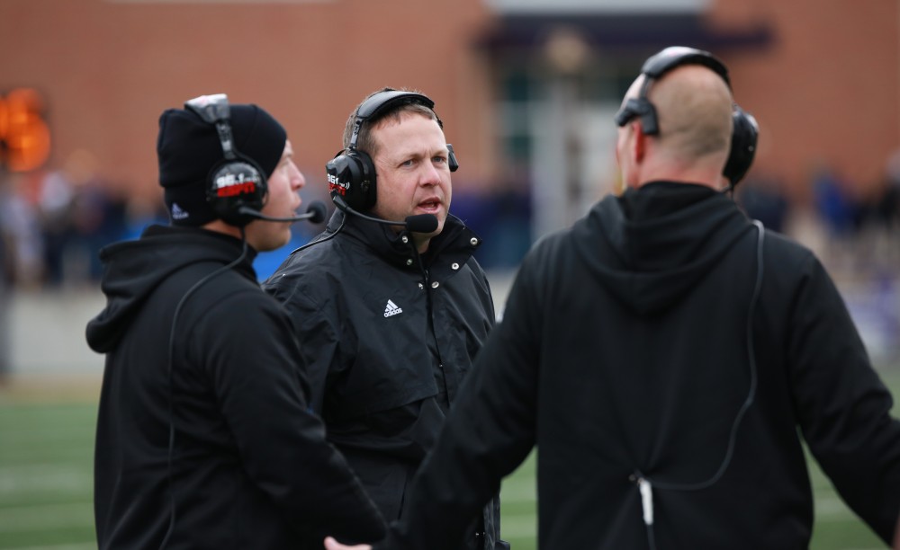 GVL / Kevin Sielaff - Grand Valley's coaching staff discusses a targeting call aimed at Collin Schlosser (49). Grand Valley defeats Ashland with a final score of 45-28 Nov. 22 at Ashland University.