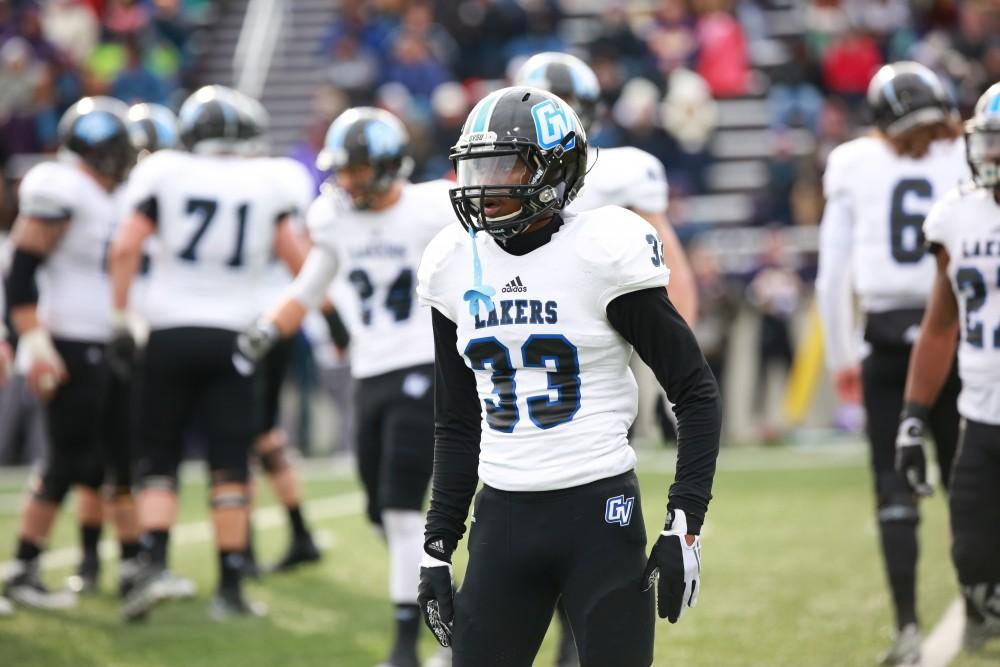 GVL / Kevin Sielaff - Christian Lumpkin (33) looks toward the Grand Valley bench.  Grand Valley defeats Ashland with a final score of 45-28 Nov. 22 at Ashland University.