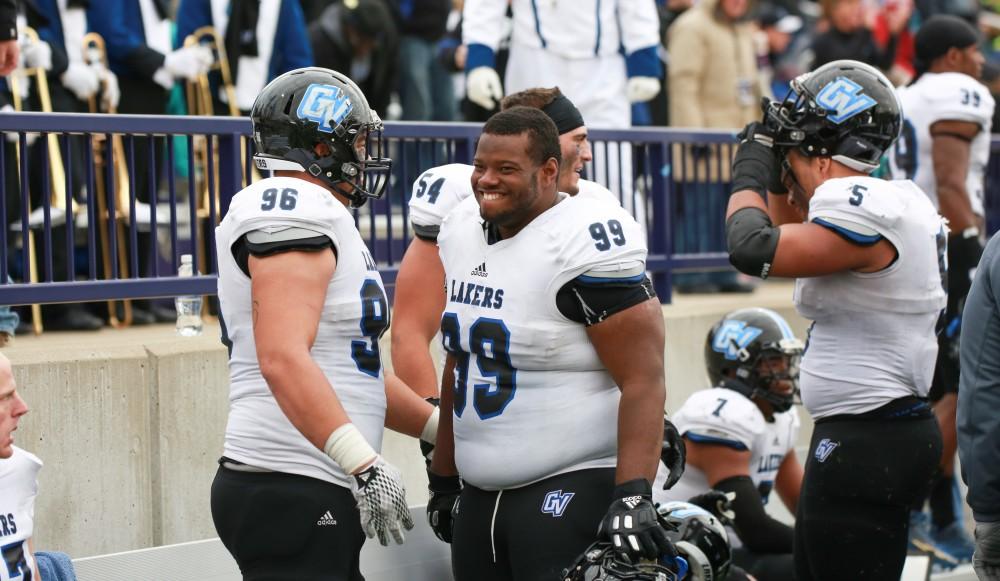 GVL / Kevin Sielaff -  Sonny Haskins (99) anxiously awaits the end of the match.  Grand Valley defeats Ashland with a final score of 45-28 Nov. 22 at Ashland University.