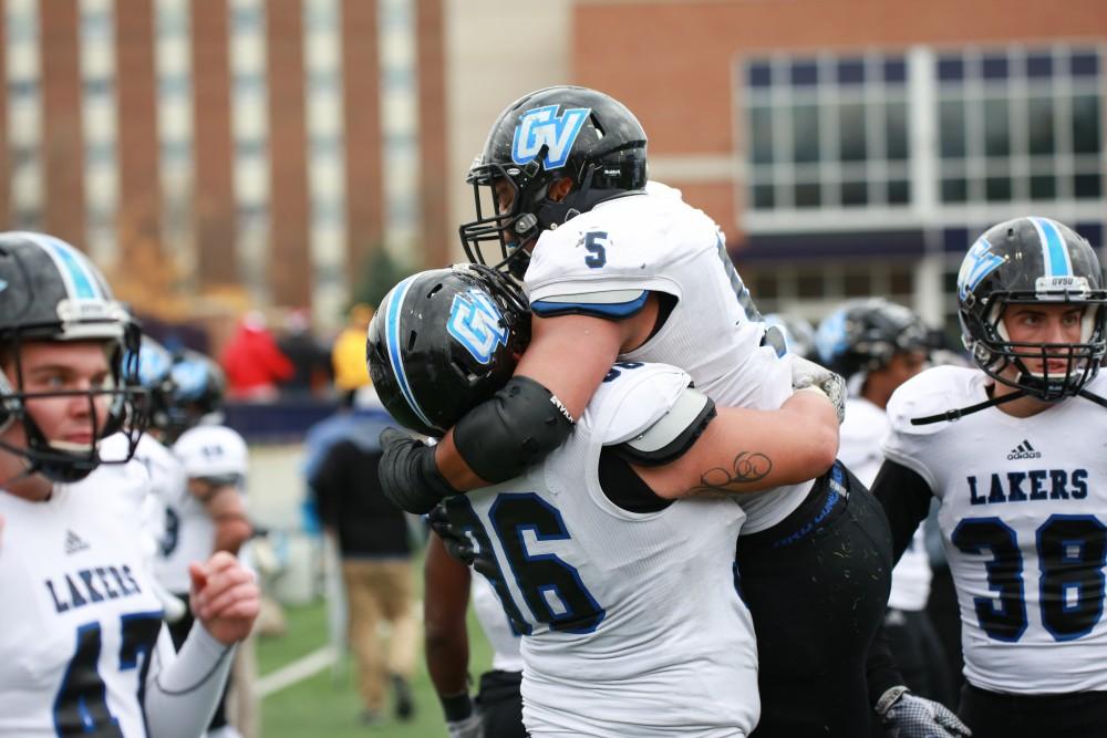 GVL / Kevin Sielaff -  De'Ondre Hogan celebrates Grand Valley's victory over Ashland.  Grand Valley defeats Ashland with a final score of 45-28 Nov. 22 at Ashland University.