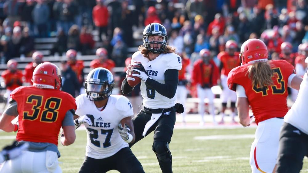 GVL / Kevin Sielaff - Bart Williams (6) looks down field for a receiver.  Grand Valley defeats Ferris with a final score of 38-34 at Top Taggart Field Nov. 28 in Big Rapids, MI.