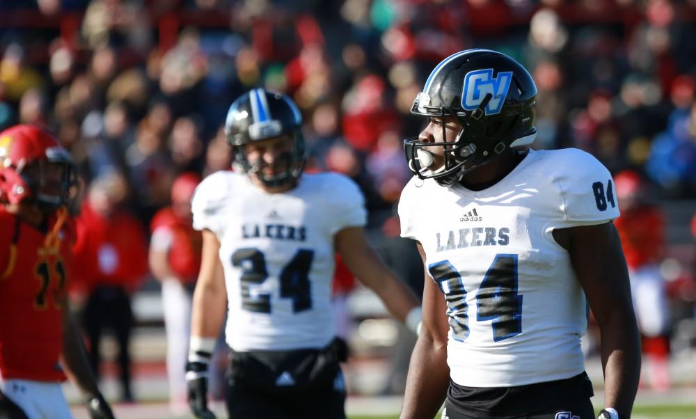 GVL / Kevin Sielaff - Urston Smith (84) looks toward the end zone.  Grand Valley defeats Ferris with a final score of 38-34 at Top Taggart Field Nov. 28 in Big Rapids, MI.