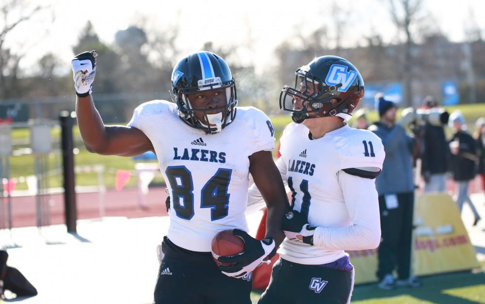 GVL / Kevin Sielaff - Urston Smith (84) celebrates a touchdown catch.  Grand Valley defeats Ferris with a final score of 38-34 at Top Taggart Field Nov. 28 in Big Rapids, MI.