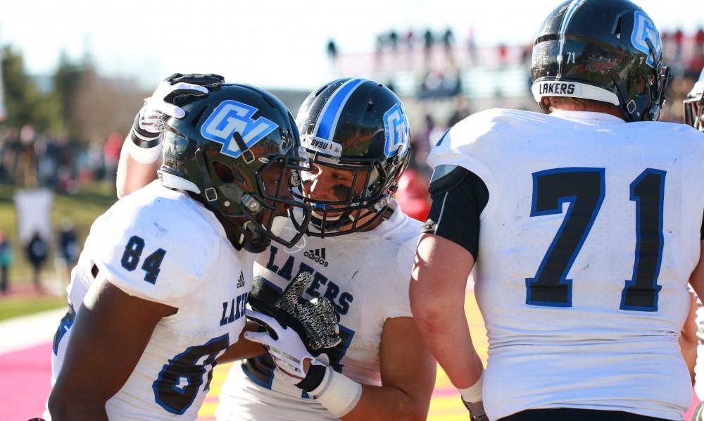 GVL / Kevin Sielaff - Urston Smith (84) celebrates a touchdown catch.  Grand Valley defeats Ferris with a final score of 38-34 at Top Taggart Field Nov. 28 in Big Rapids, MI.