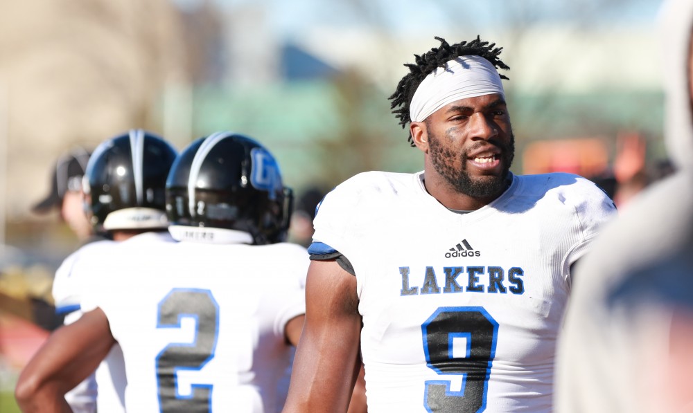 GVL / Kevin Sielaff - Matt Judon (9) patrols the sideline.  Grand Valley defeats Ferris with a final score of 38-34 at Top Taggart Field Nov. 28 in Big Rapids, MI.