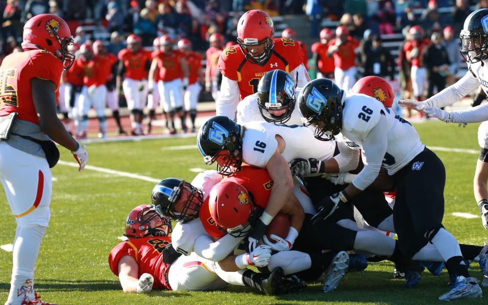 GVL / Kevin Sielaff - Brad Horling (16) finishes a tackle in Ferris' zone.  Grand Valley defeats Ferris with a final score of 38-34 at Top Taggart Field Nov. 28 in Big Rapids, MI.