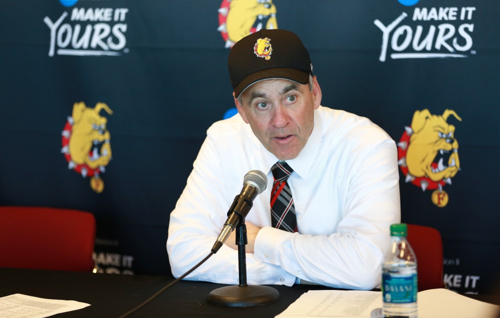 GVL / Kevin Sielaff - Head coach of Ferris State, Tony Annese, speaks to media after the match.   Grand Valley defeats Ferris with a final score of 38-34 at Top Taggart Field Nov. 28 in Big Rapids, MI.