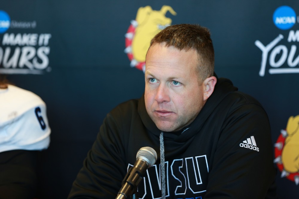 GVL / Kevin Sielaff - Head coach Matt Mitchell speaks to media after the match.  Grand Valley defeats Ferris with a final score of 38-34 at Top Taggart Field Nov. 28 in Big Rapids, MI.