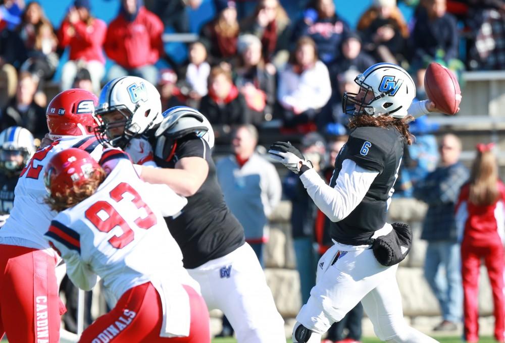 GVL / Kevin Sielaff - Bart Williams (6) fires a pass down field.  Grand Valley squares off against SVSU Nov. 14 in Allendale. The Lakers hold on and win with a final score of 24-17.