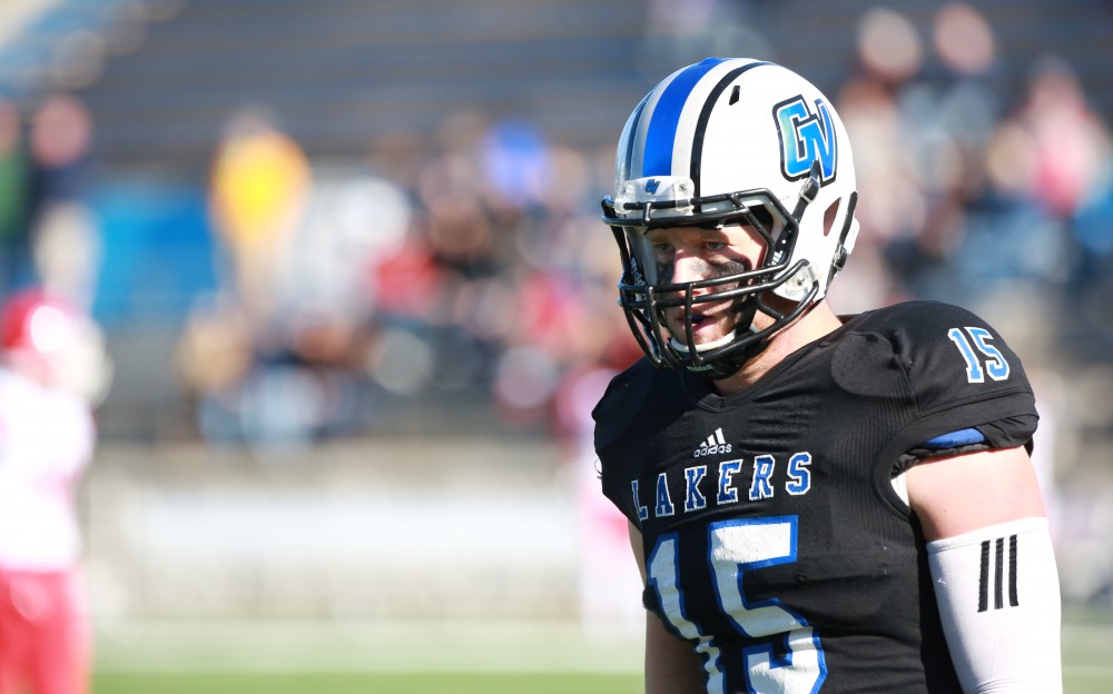 GVL / Kevin Sielaff - Jamie Potts (15) looks on toward Grand Valley's bench.  Grand Valley squares off against SVSU Nov. 14 in Allendale. The Lakers hold on and win with a final score of 24-17.