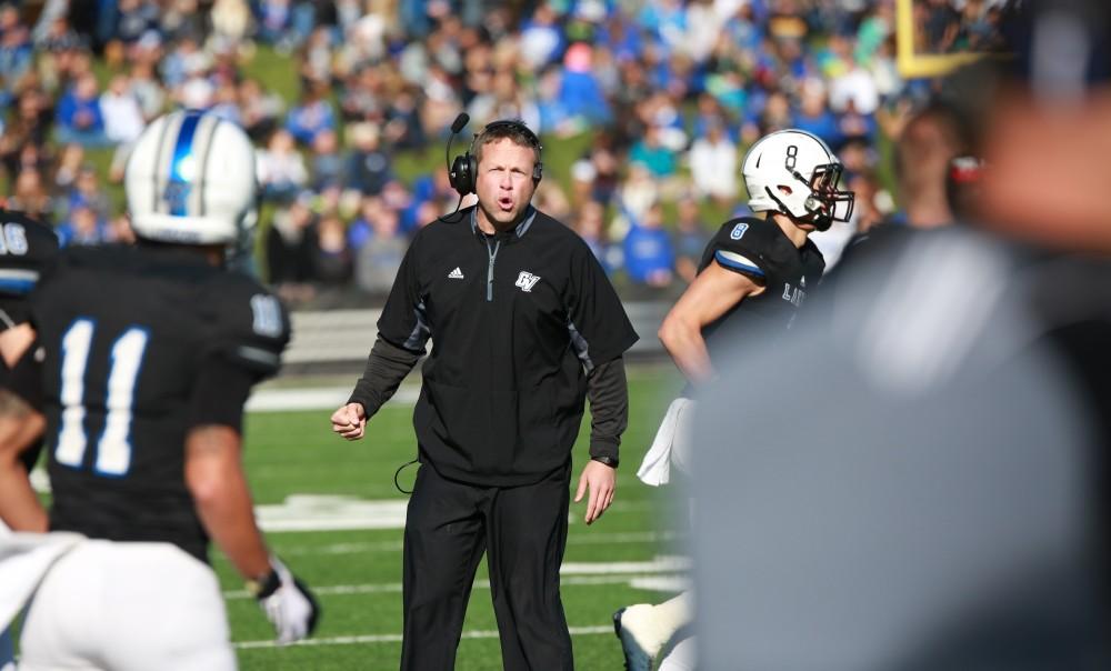 GVL / Kevin Sielaff -  Head coach Matt Mitchell speaks to his team.  Grand Valley squares off against SVSU Nov. 14 in Allendale. The Lakers hold on and win with a final score of 24-17.