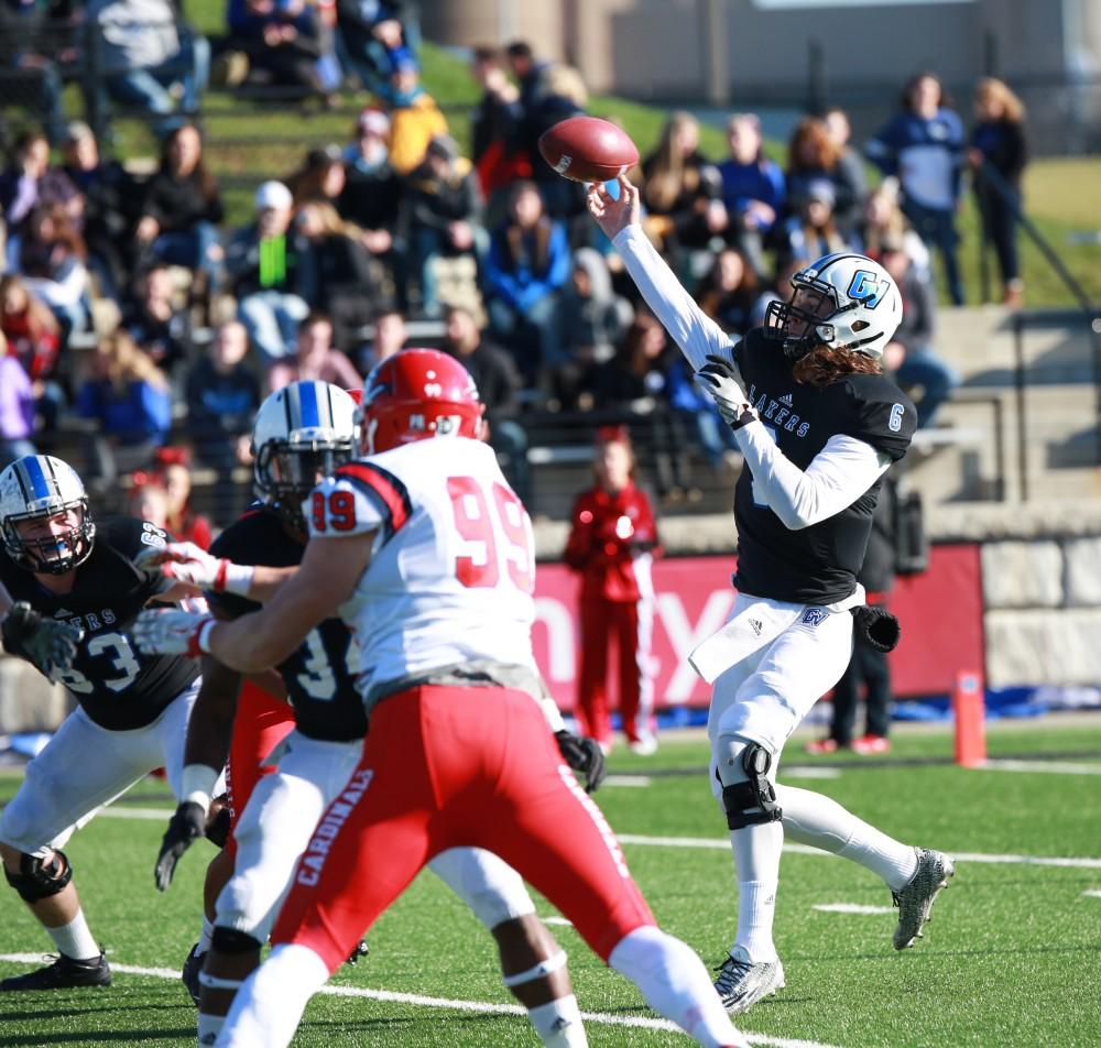 GVL / Kevin Sielaff - Bart Williams (6) throws the ball down field.  Grand Valley squares off against SVSU Nov. 14 in Allendale. The Lakers hold on and win with a final score of 24-17.