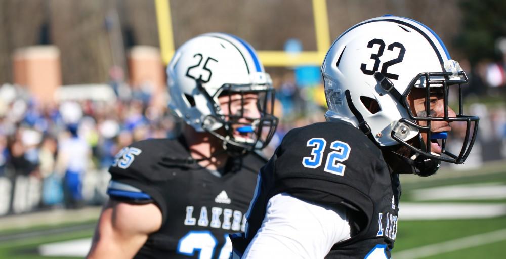 GVL / Kevin Sielaff - Donte Carey (32) celebrates his interception.  Grand Valley squares off against SVSU Nov. 14 in Allendale. The Lakers hold on and win with a final score of 24-17.