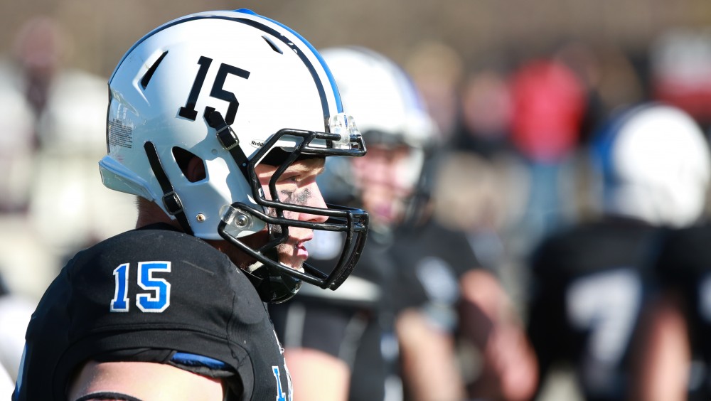 GVL / Kevin Sielaff - Jamie Potts (15) looks on toward the play.  Grand Valley squares off against SVSU Nov. 14 in Allendale. The Lakers hold on and win with a final score of 24-17.