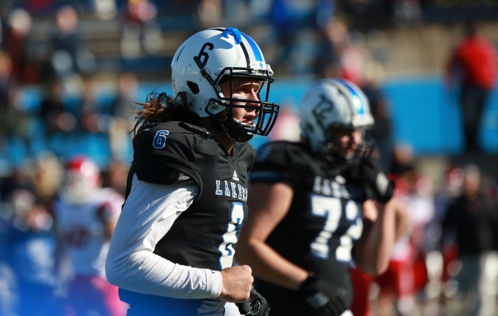 GVL / Kevin Sielaff - Bart Williams (6) returns to the sideline.  Grand Valley squares off against SVSU Nov. 14 in Allendale. The Lakers hold on and win with a final score of 24-17.