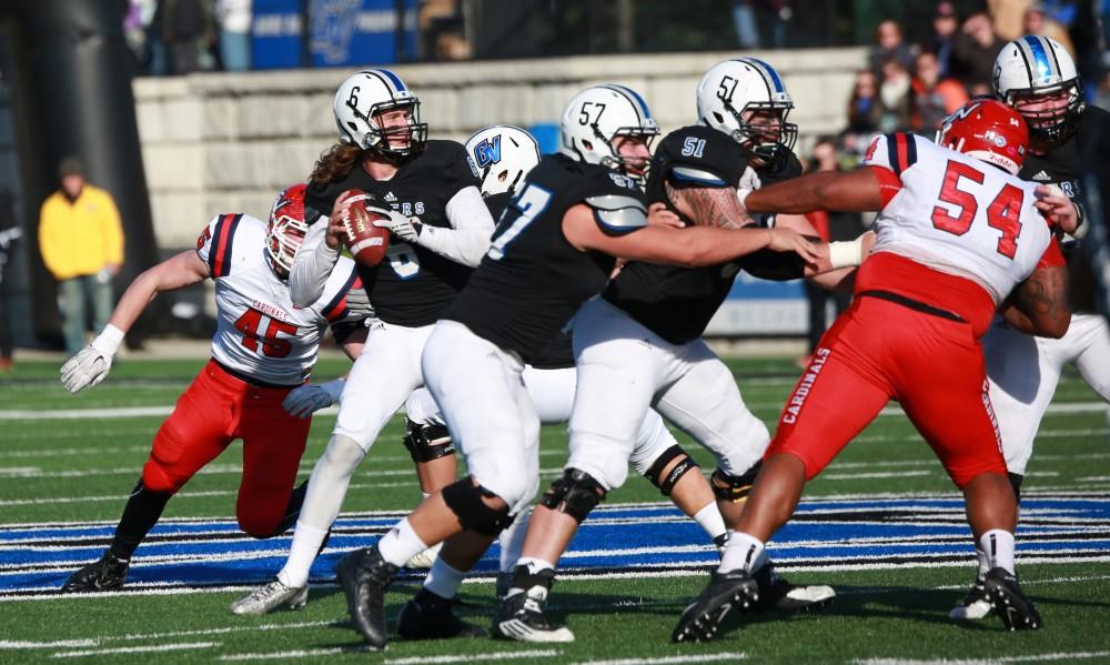 GVL / Kevin Sielaff - Bart Williams (6) steps back in the pocket and prepares to throw the ball.  Grand Valley squares off against SVSU Nov. 14 in Allendale. The Lakers hold on and win with a final score of 24-17.