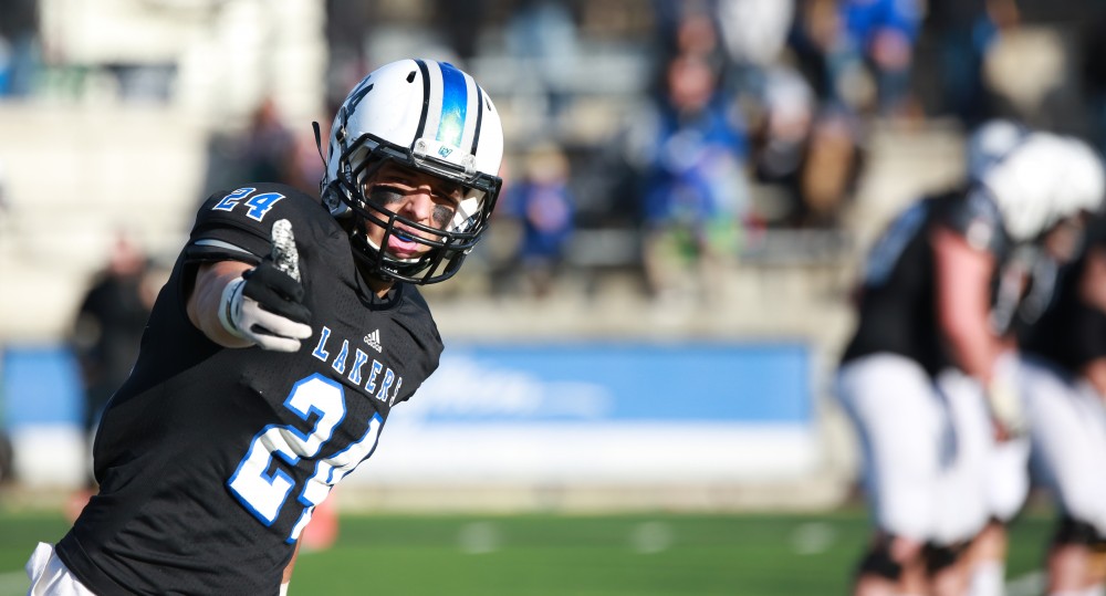 GVL / Kevin Sielaff - Matt Williams (24) checks with the sideline referee.  Grand Valley squares off against SVSU Nov. 14 in Allendale. The Lakers hold on and win with a final score of 24-17.