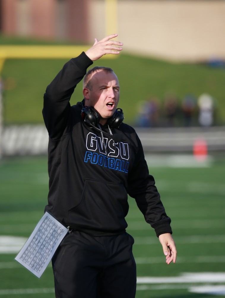 GVL / Kevin Sielaff - Nick Postma disputes a call.  Grand Valley squares off against SVSU Nov. 14 in Allendale. The Lakers hold on and win with a final score of 24-17.