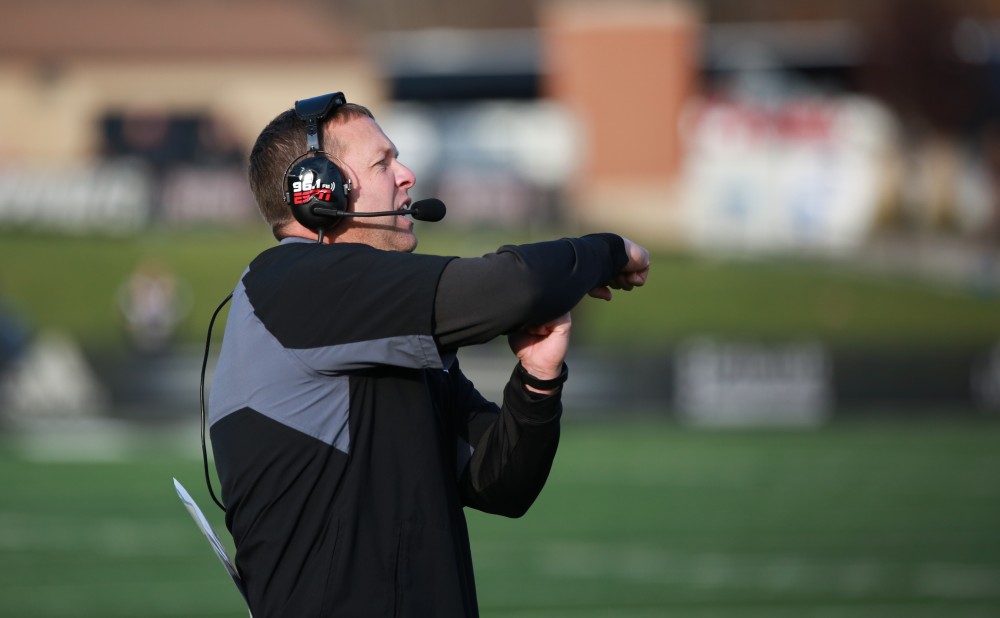 GVL / Kevin Sielaff - Head coach Matt Mitchell organizes his team from the sideline.  Grand Valley squares off against SVSU Nov. 14 in Allendale. The Lakers hold on and win with a final score of 24-17.