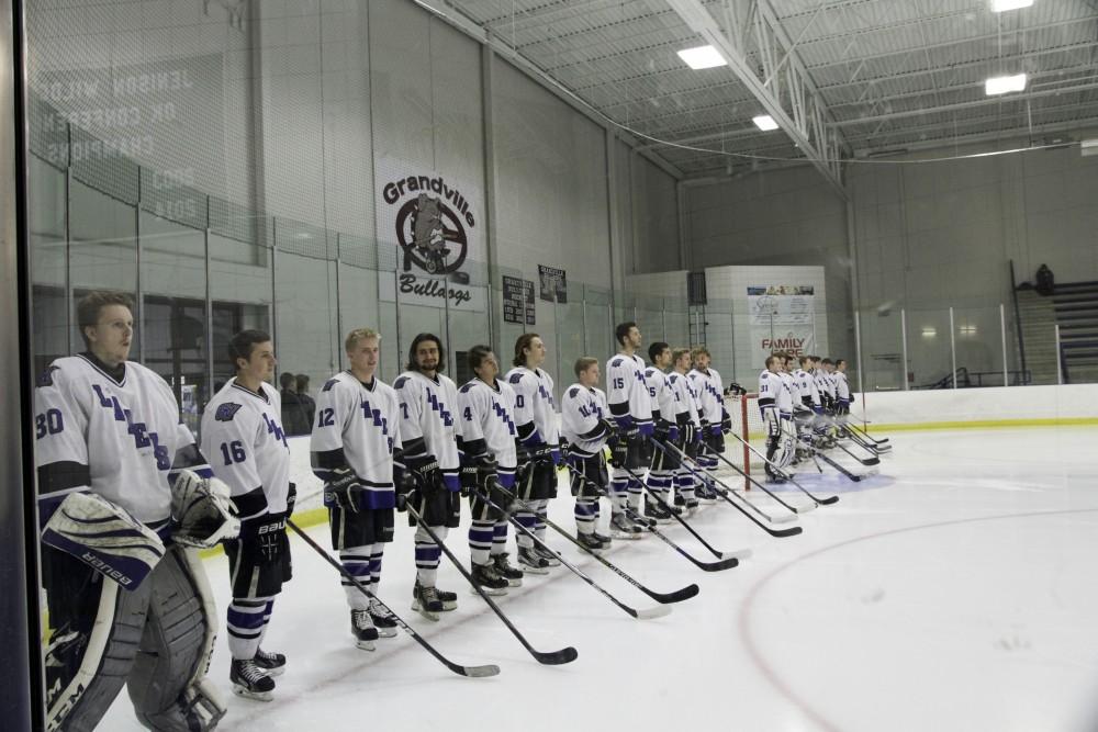 GVL / Sara Carte
Grand Valley’s DII Hockey team prepares to go against Ferris State at the Georgetown Ice Arena on Oct. 30.