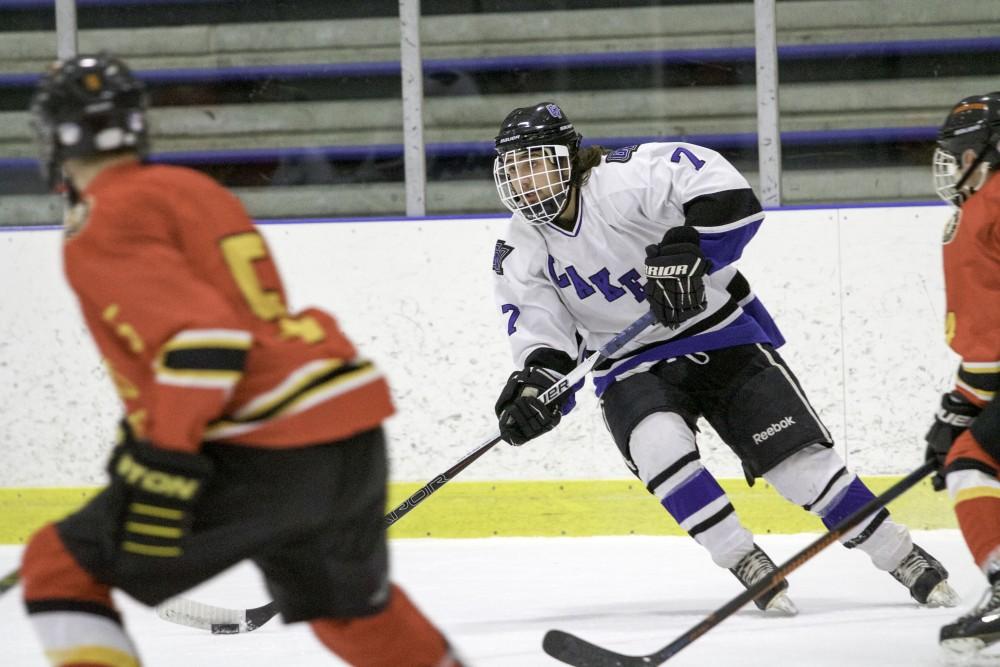 GVL / Sara Carte
Grand Valley’s DII Hockey player, Cameron Dyde, keeps the puck away from Ferris State at Georgetown Ice Arena on Oct. 30.