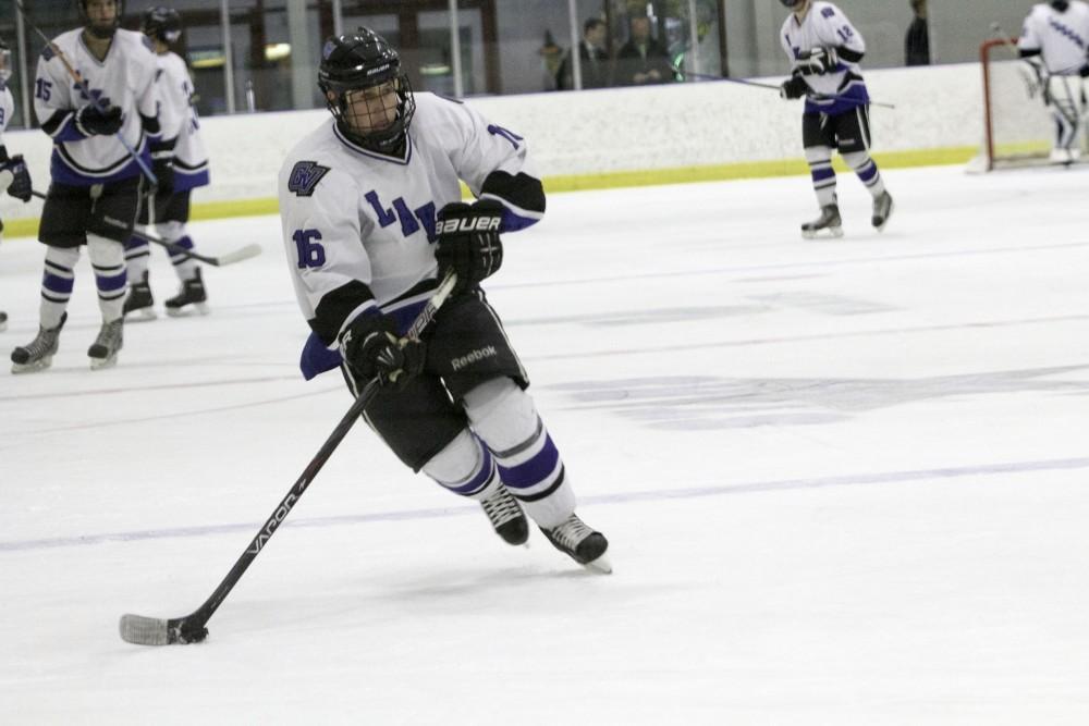 GVL / Sara Carte
Grand Valley’s DII Hockey player, Michael Bishop, looks to score against Ferris State at Georgetown Ice Arena on Oct. 30.