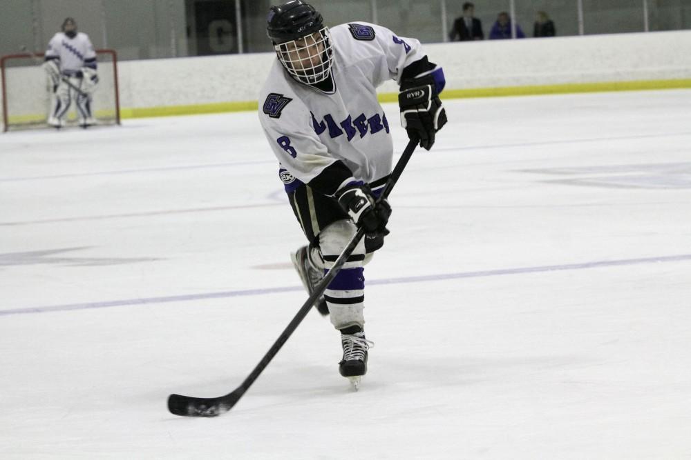 GVL / Sara Carte
Grand Valley’s DII Hockey player, Buck Maynard, shoots against Ferris State at Georgetown Ice Arena on Oct. 30.