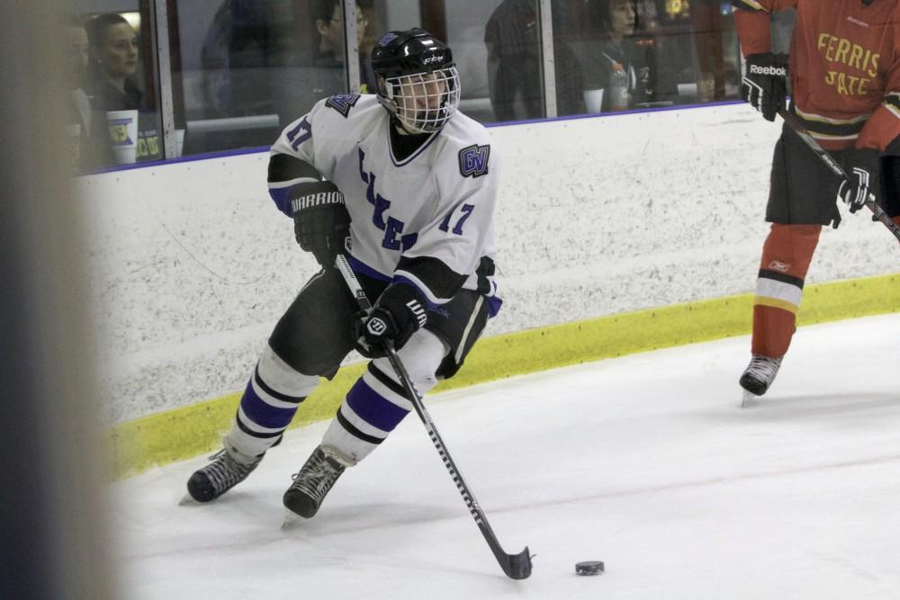 GVL / Sara Carte
Grand Valley’s DII Hockey player, Austin Koleski, keeps the puck away from Ferris State at Georgetown Ice Arena on Oct. 30.