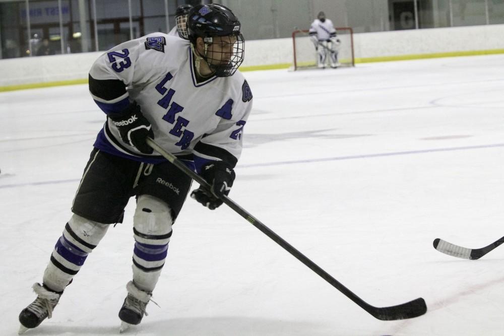 GVL / Sara Carte
Grand Valley’s DII Hockey player, Alex Ostrowski, looks to score against Ferris State at Georgetown Ice Arena on Oct. 30.