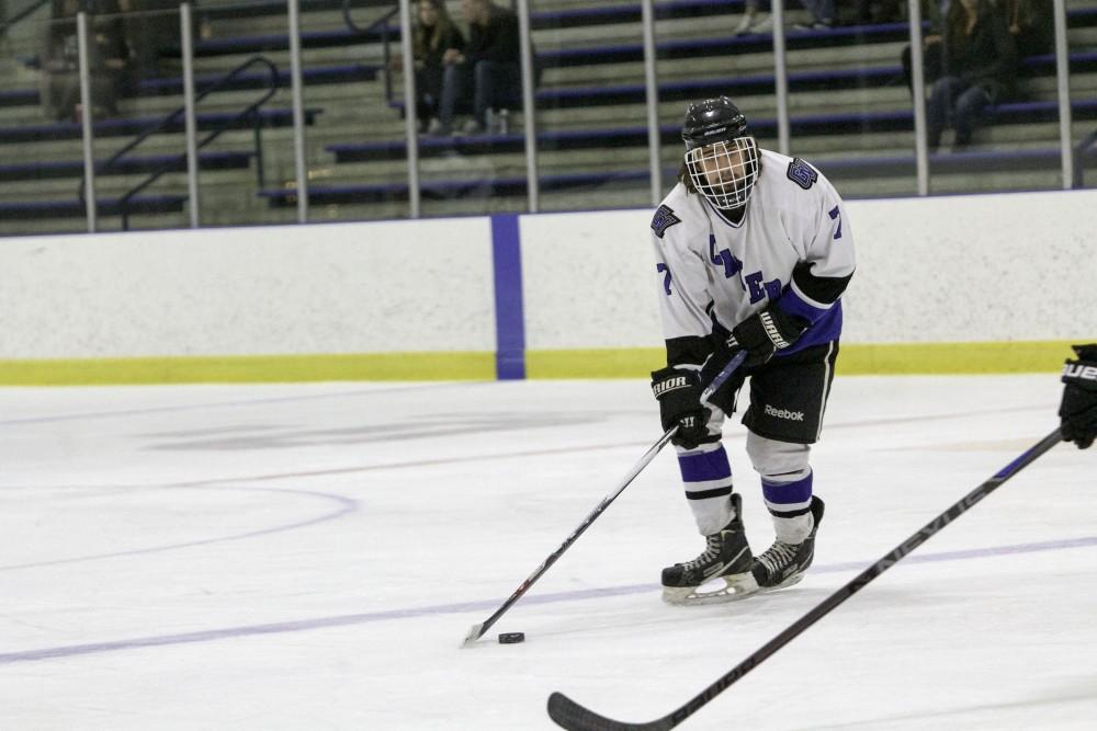 GVL / Sara Carte
Grand Valley’s DII Hockey player, Cameron Dyde, keeps the puck away from Ferris State at Georgetown Ice Arena on Oct. 30.