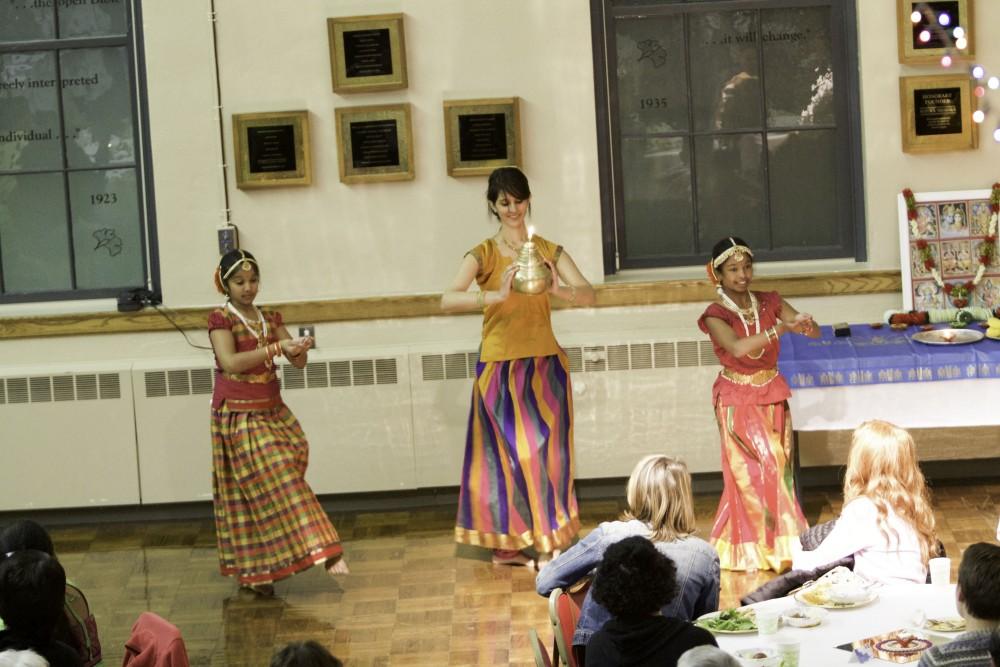 GVL / Sara Carte
Members of the West Michigan Hindu Temple dance a traditional dance during the Interfaith Diwali Celebration at the Fountain Street Church on Oct. 30.