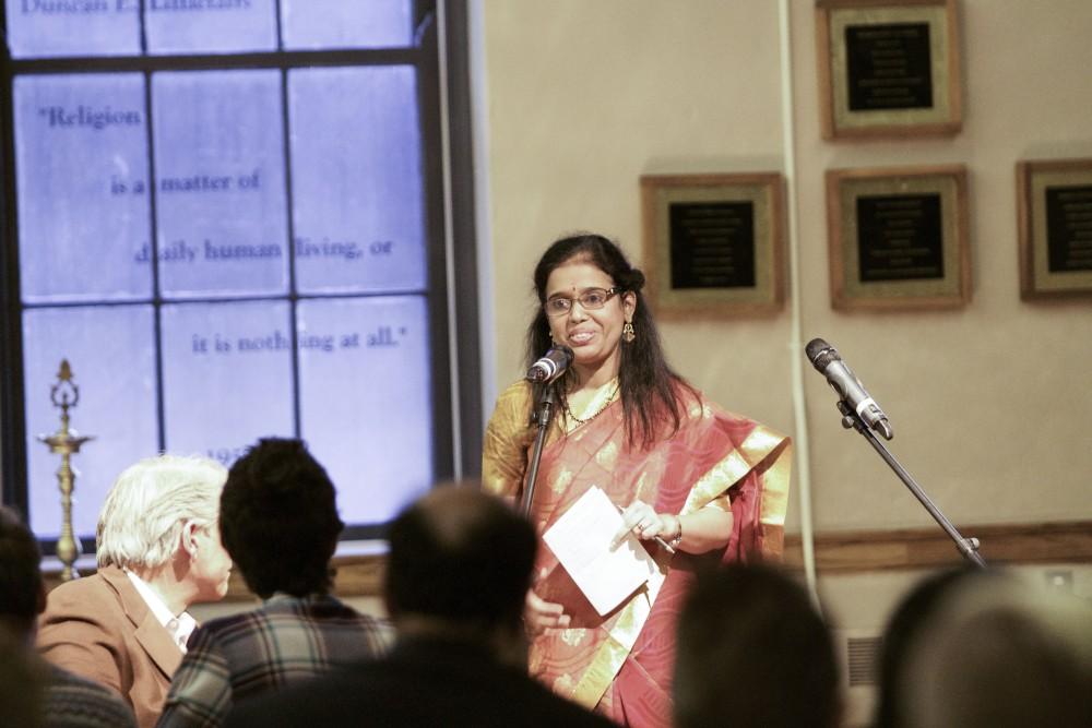 GVL / Sara Carte
Beena Chandran shares the traditions and culture of the celebration of Diwali during the Interfaith Diwali Celebration at Fountain Street Church on Oct. 30.