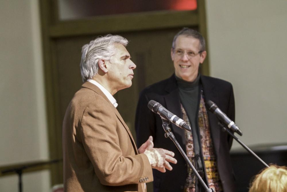 GVL / Sara Carte
Fred Stella (left) and Reverend Fred Wooden (right) talk about their trips to India at the Interfaith Diwali Celebration at the Fountain Street Church on Oct. 30.