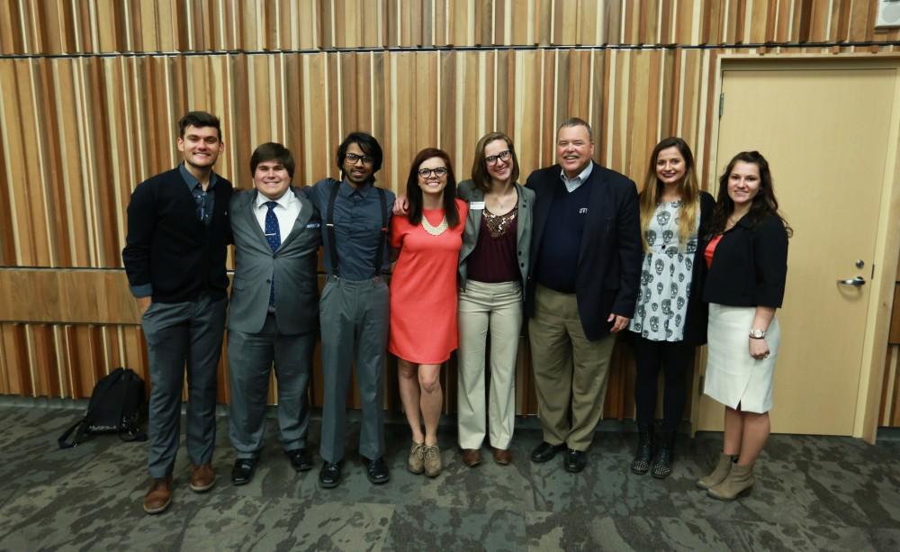 GVL / Kevin Sielaff - Dean of students Bart Merkle speaks at student senate's Last Lecture Nov. 19 at Grand Valley's Mary Idema Pew Library.