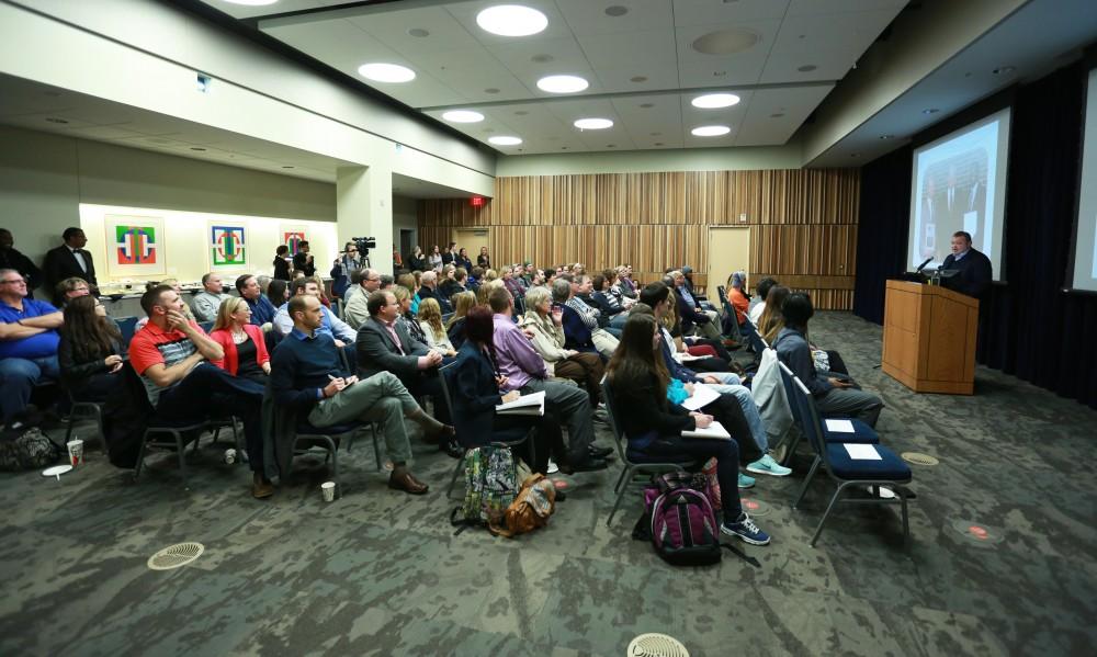 GVL / Kevin Sielaff - Dean of students Bart Merkle speaks at student senate's Last Lecture Nov. 19 at Grand Valley's Mary Idema Pew Library.