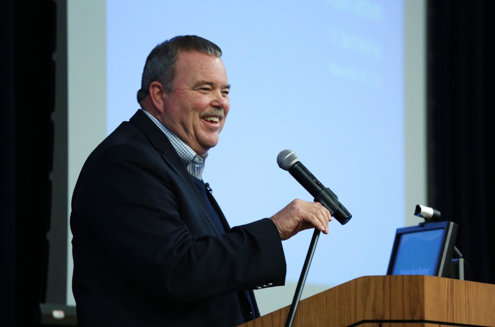 GVL / Kevin Sielaff - Dean of students Bart Merkle speaks at student senate's Last Lecture Nov. 19 at Grand Valley's Mary Idema Pew Library.