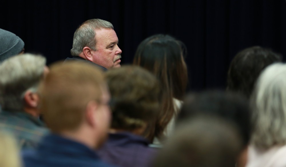 GVL / Kevin Sielaff - Dean of students Bart Merkle speaks at student senate's Last Lecture Nov. 19 at Grand Valley's Mary Idema Pew Library.