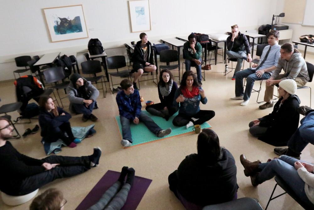 After completing their meditation, the group discusses what they experienced or felt during their meditation on Nov. 19 in Allendale, MI. 