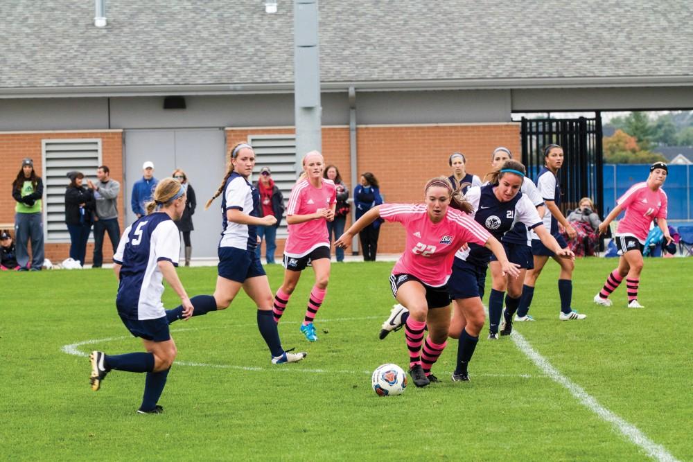 GVL / Sara Carte
Grand Valley’s Women’s Soccer player, Samantha Riga, fights for the ball against Nortwood on Oct. 4.