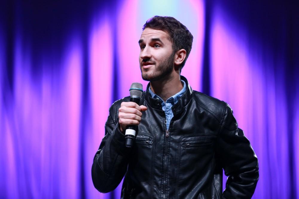 GVL / Kevin Sielaff - Joey Parks introduces Aidy Bryant before the start of the show.  Grand Valley hosts SNL comedians Aidy Bryant and Jay Pharoah inside the Fieldhouse Arena Oct. 22.