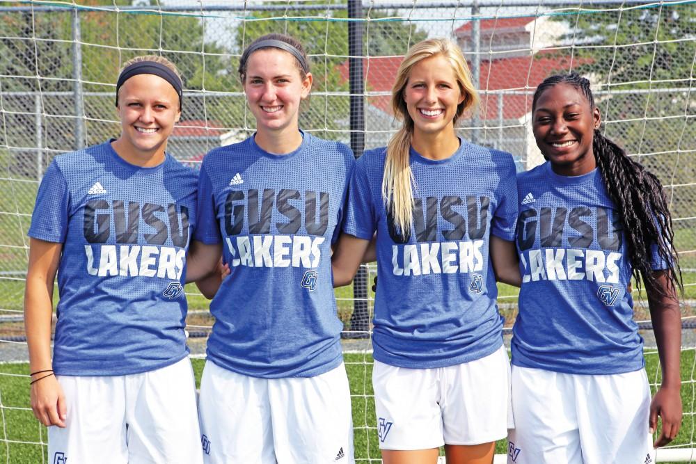 GVL / Emily FryeGrand Valleys senior womens soccer players from left to right, Maddison Reynolds, Katy Woolley, Katie Klunder, and Katie Bounds. The womens soccer team will begin their regular season on September 4th against Quincy University.
