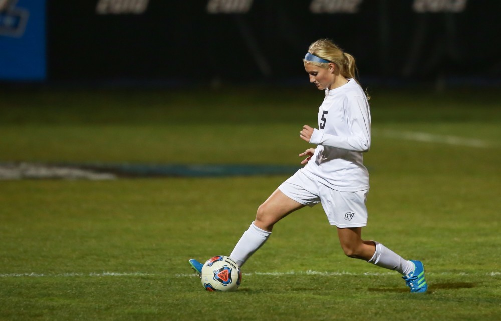 GVL / Kevin Sielaff - Kendra Stauffer (5) dribbles the ball up field.  Grand Valley defeats Ohio Dominican 3-0 in the semi-finals of the GLIAC tournament Nov. 6 in Allendale.