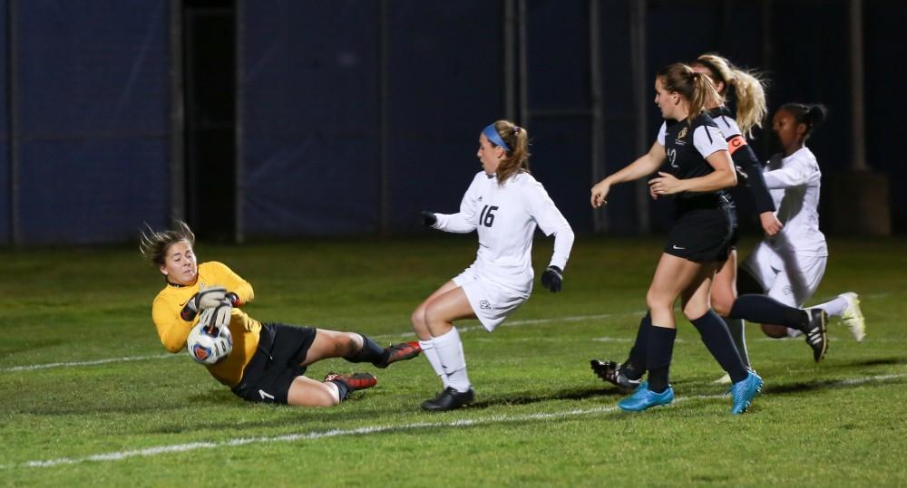 GVL / Kevin Sielaff - Dani Johnson (16) tries a shot on goal.  Grand Valley defeats Ohio Dominican 3-0 in the semi-finals of the GLIAC tournament Nov. 6 in Allendale.