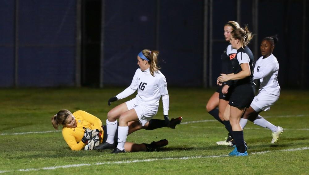 GVL / Kevin Sielaff - Dani Johnson (16) tries a shot on goal.  Grand Valley defeats Ohio Dominican 3-0 in the semi-finals of the GLIAC tournament Nov. 6 in Allendale.