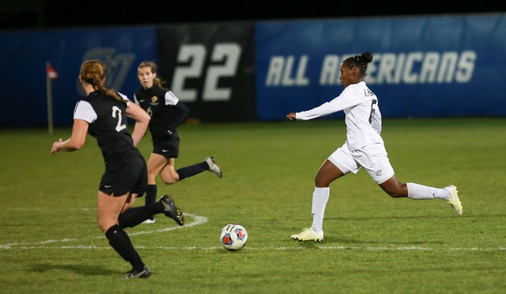 GVL / Kevin Sielaff - Katie Bounds (6) looks to shoot the ball.  Grand Valley defeats Ohio Dominican 3-0 in the semi-finals of the GLIAC tournament Nov. 6 in Allendale.