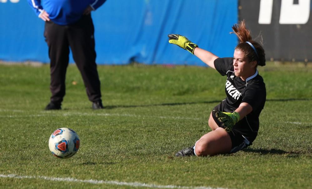 GVL / Kevin Sielaff - Goaltender Emily Maresh (0) warms up before the match.  Grand Valley squares off against Quincy in the second round of the women's soccer NCAA tournament Nov. 15 in Allendale. The Lakers take the victory with a final score of 6-0.