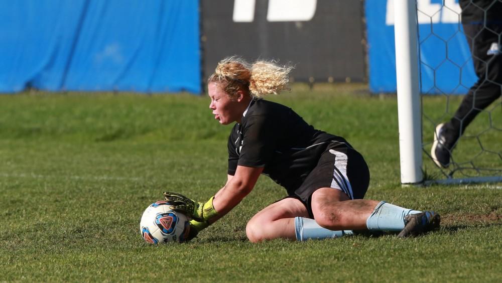 GVL / Kevin Sielaff -  Goaltender Paige Pryson (1) warms up before the match.  Grand Valley squares off against Quincy in the second round of the women's soccer NCAA tournament Nov. 15 in Allendale. The Lakers take the victory with a final score of 6-0.