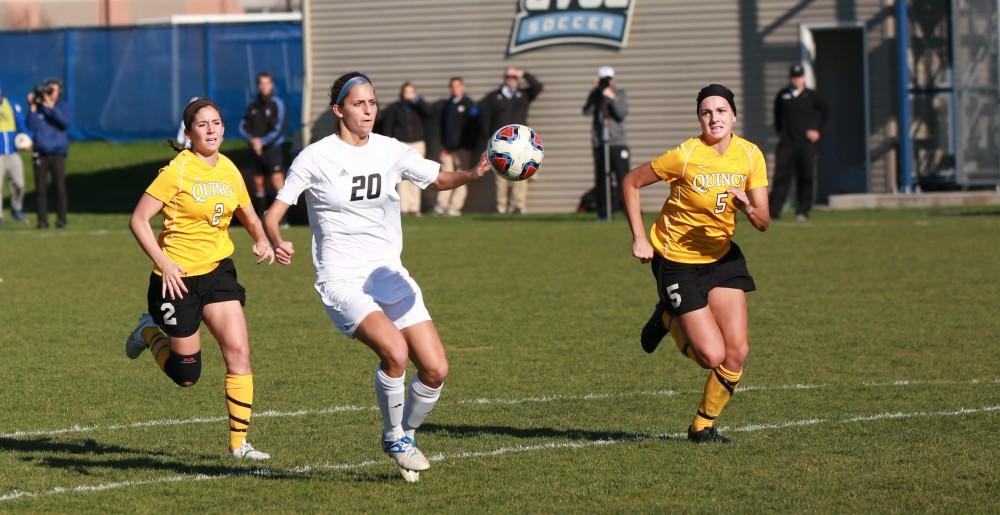 GVL / Kevin Sielaff - Gabriella Mencotti (20) lines up a shot and scores.  Grand Valley squares off against Quincy in the second round of the women's soccer NCAA tournament Nov. 15 in Allendale. The Lakers take the victory with a final score of 6-0.