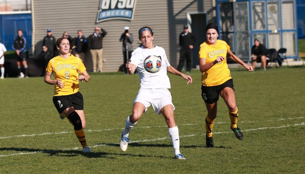 GVL / Kevin Sielaff - Gabriella Mencotti (20) lines up a shot and scores.  Grand Valley squares off against Quincy in the second round of the women's soccer NCAA tournament Nov. 15 in Allendale. The Lakers take the victory with a final score of 6-0.